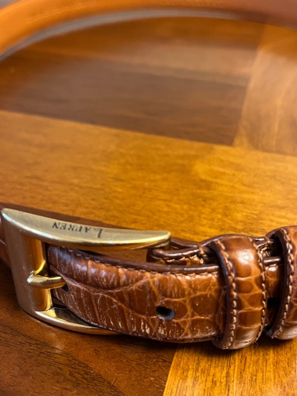Lauren Ralph Lauren Tan Croc-Embossed Leather Belt with Gold-Tone Buckle, 38 in - Picture 2 of 16